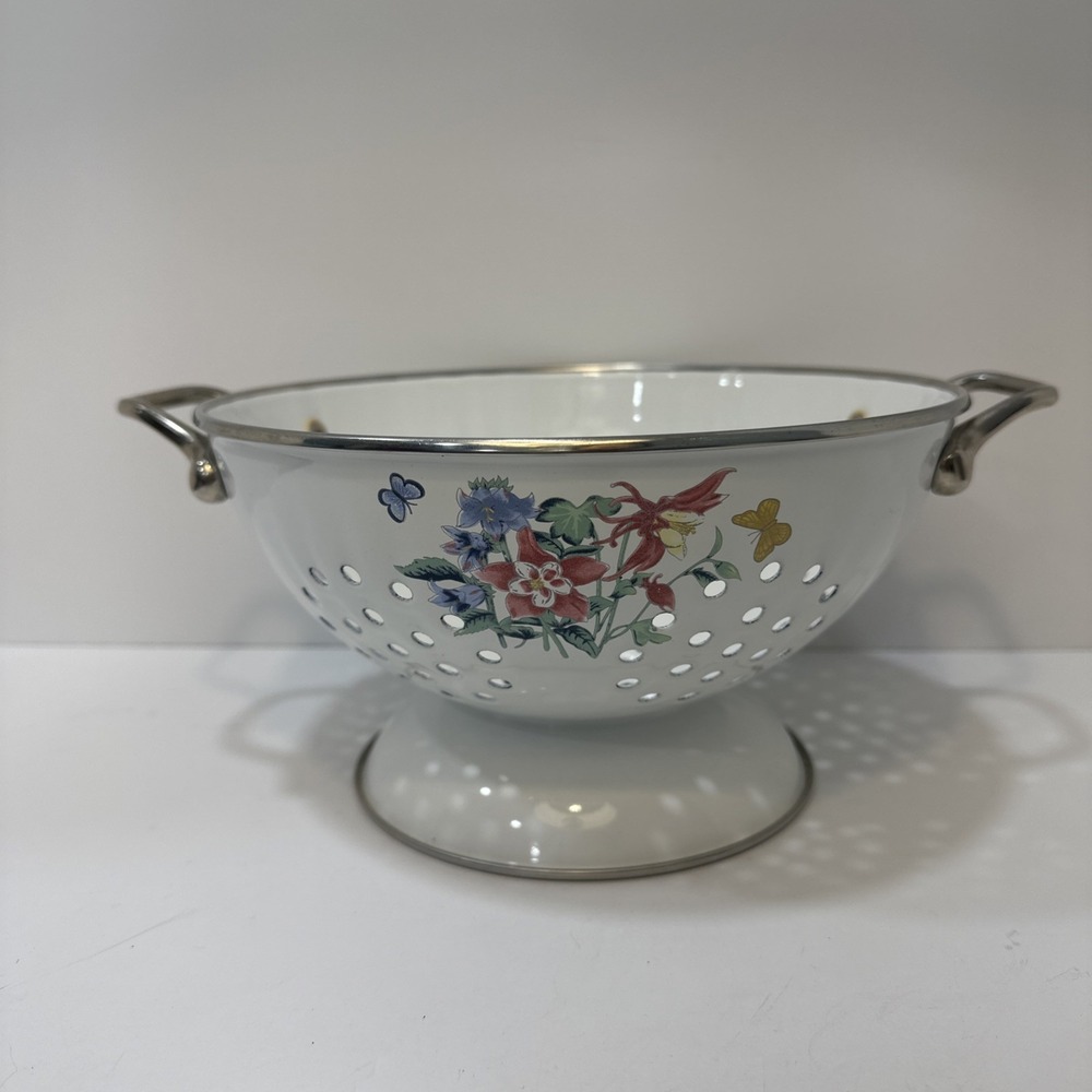 Vintage White Enamel Pedastool Colander Strainer Floral design with Handle
